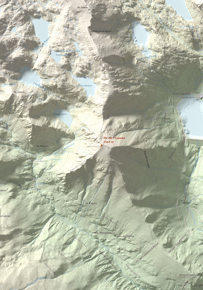 Mapa de relieve de Pic de l'Espada, 2549 m, Pallars Jussà, lámina 100 Cims de Trobart. Detalle de la zona central. 70 × 100 cm.