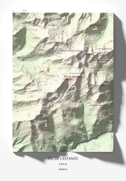Mapa de relieve de Pic de l'Estanyó, 2915 m, Andorra, lámina 100 Cims de Trobart 21 × 30 cm.