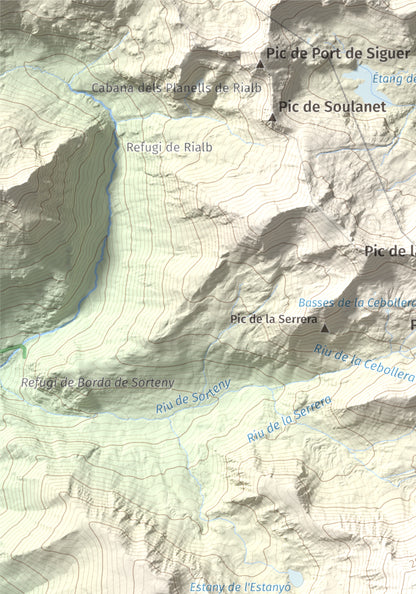 Mapa de relieve de Pic de l'Estanyó, 2915 m, Andorra, lámina 100 Cims de Trobart. Detalle de la zona superior izquierda. 21 × 30 cm.