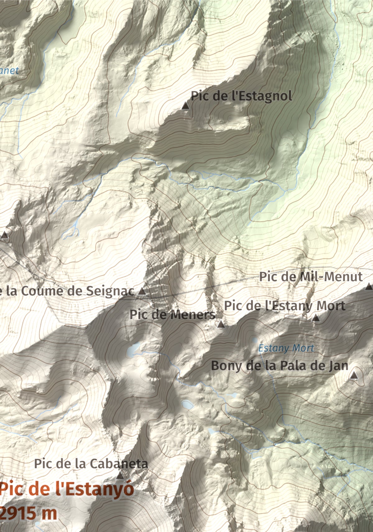 Mapa de relieve de Pic de l'Estanyó, 2915 m, Andorra, lámina 100 Cims de Trobart. Detalle de la zona superior derecha. 21 × 30 cm.