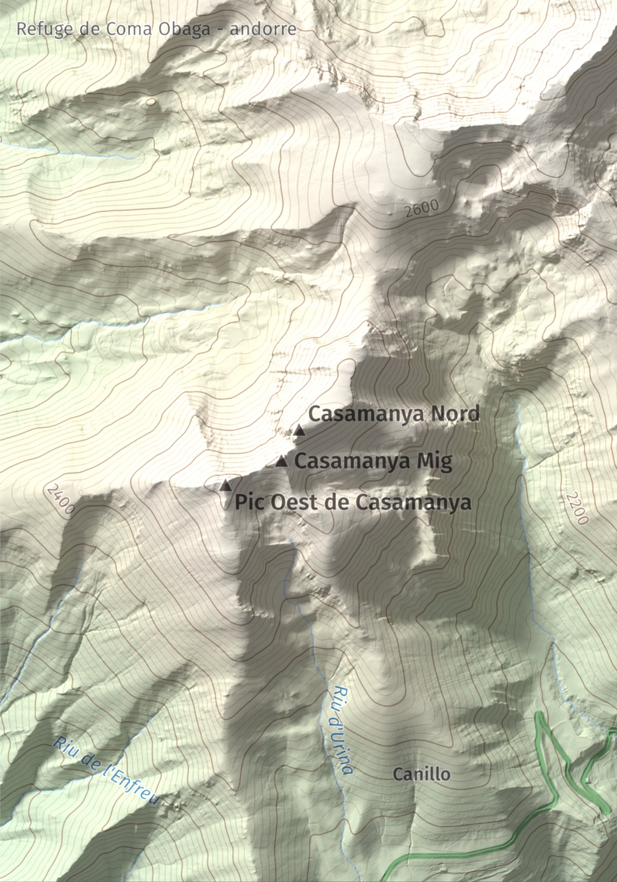 Mapa de relieve de Pic de l'Estanyó, 2915 m, Andorra, lámina 100 Cims de Trobart. Detalle de la zona inferior izquierda. 21 × 30 cm.