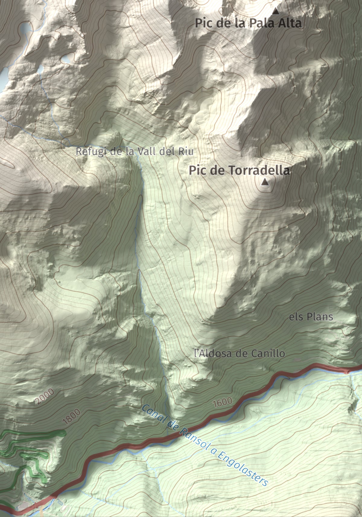 Mapa de relieve de Pic de l'Estanyó, 2915 m, Andorra, lámina 100 Cims de Trobart. Detalle de la zona inferior derecha. 21 × 30 cm.