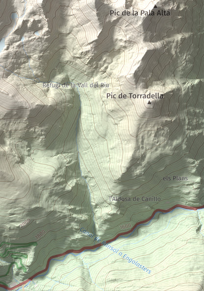 Mapa de relieve de Pic de l'Estanyó, 2915 m, Andorra, lámina 100 Cims de Trobart. Detalle de la zona inferior derecha. 21 × 30 cm.