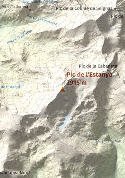 Mapa de relieve de Pic de l'Estanyó, 2915 m, Andorra, lámina 100 Cims de Trobart. Detalle de la zona central. 21 × 30 cm.