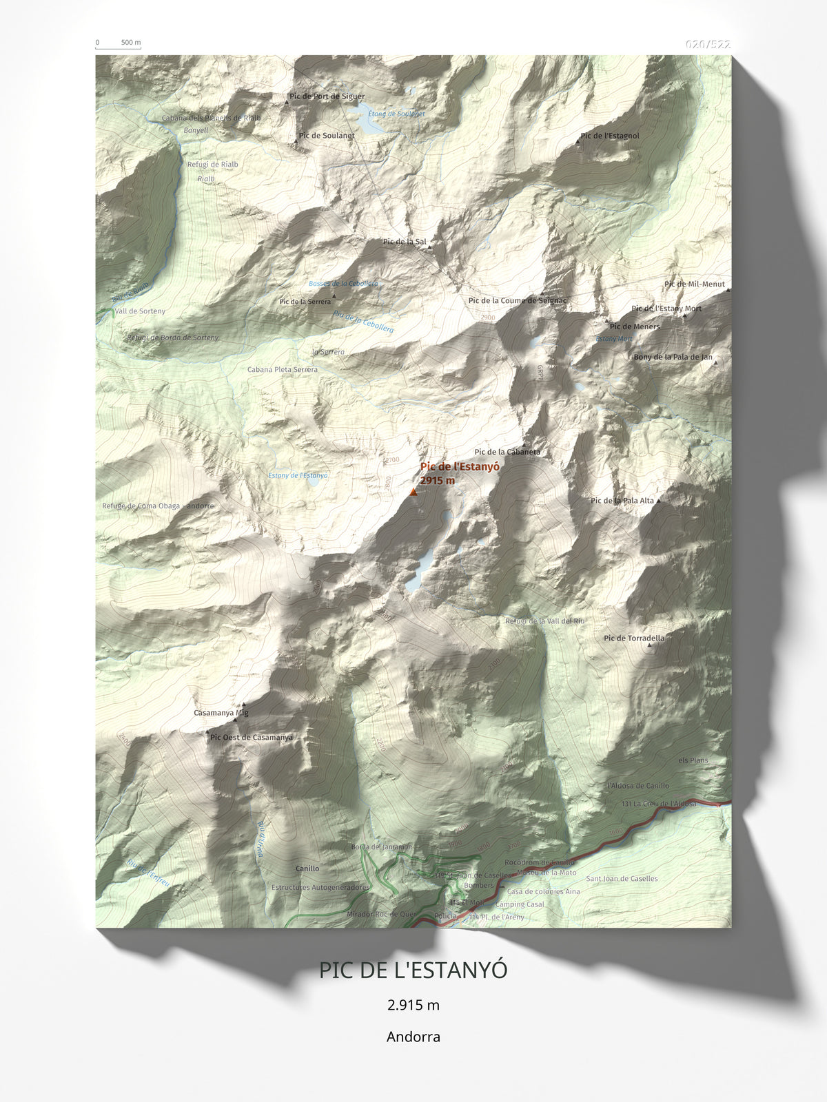 Mapa de relieve de Pic de l'Estanyó, 2915 m, Andorra, lámina 100 Cims de Trobart 30 × 40 cm.