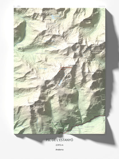 Mapa de relieve de Pic de l'Estanyó, 2915 m, Andorra, lámina 100 Cims de Trobart 30 × 40 cm.