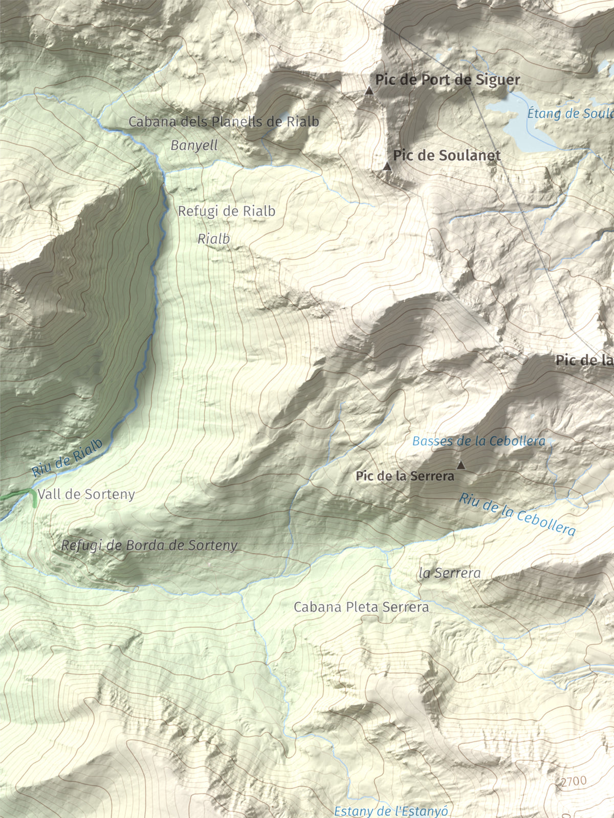 Mapa de relieve de Pic de l'Estanyó, 2915 m, Andorra, lámina 100 Cims de Trobart. Detalle de la zona superior izquierda. 30 × 40 cm.