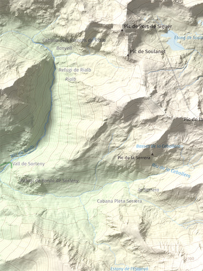Mapa de relieve de Pic de l'Estanyó, 2915 m, Andorra, lámina 100 Cims de Trobart. Detalle de la zona superior izquierda. 30 × 40 cm.