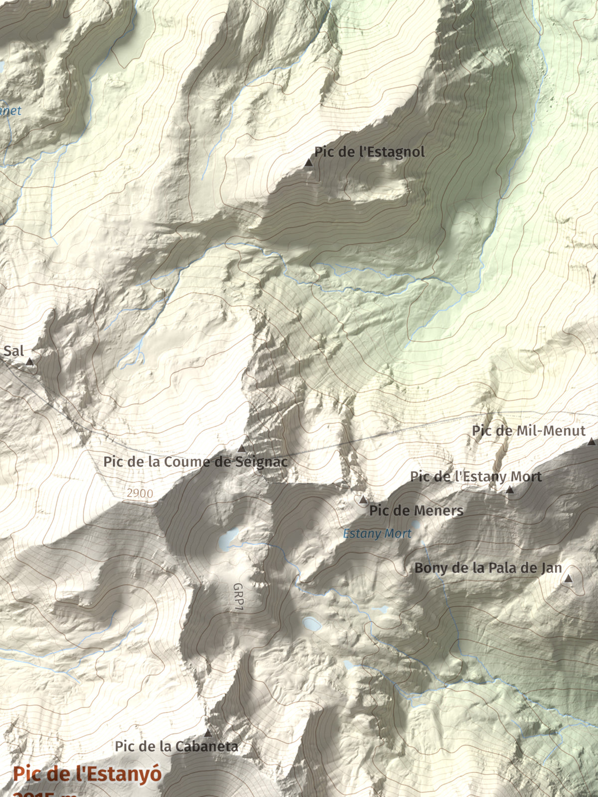 Mapa de relieve de Pic de l'Estanyó, 2915 m, Andorra, lámina 100 Cims de Trobart. Detalle de la zona superior derecha. 30 × 40 cm.