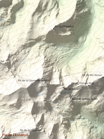 Mapa de relieve de Pic de l'Estanyó, 2915 m, Andorra, lámina 100 Cims de Trobart. Detalle de la zona superior derecha. 30 × 40 cm.