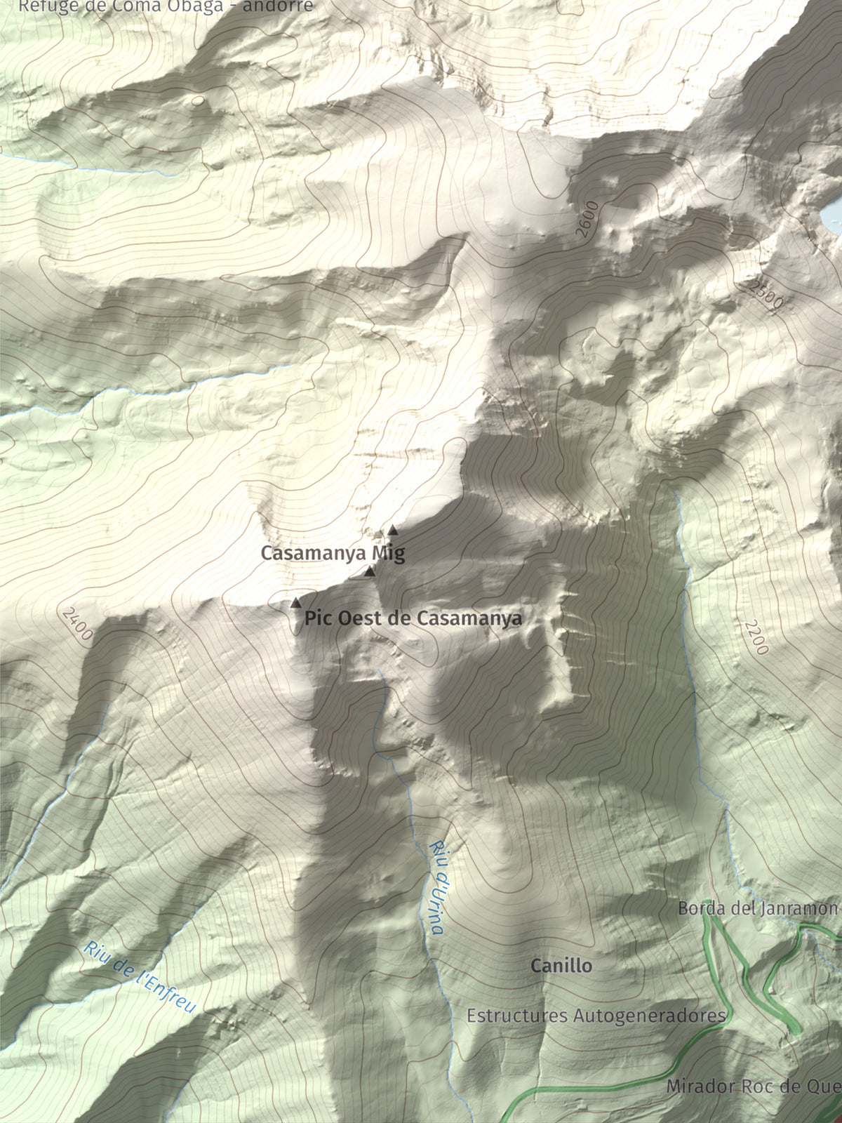 Mapa de relieve de Pic de l'Estanyó, 2915 m, Andorra, lámina 100 Cims de Trobart. Detalle de la zona inferior izquierda. 30 × 40 cm.
