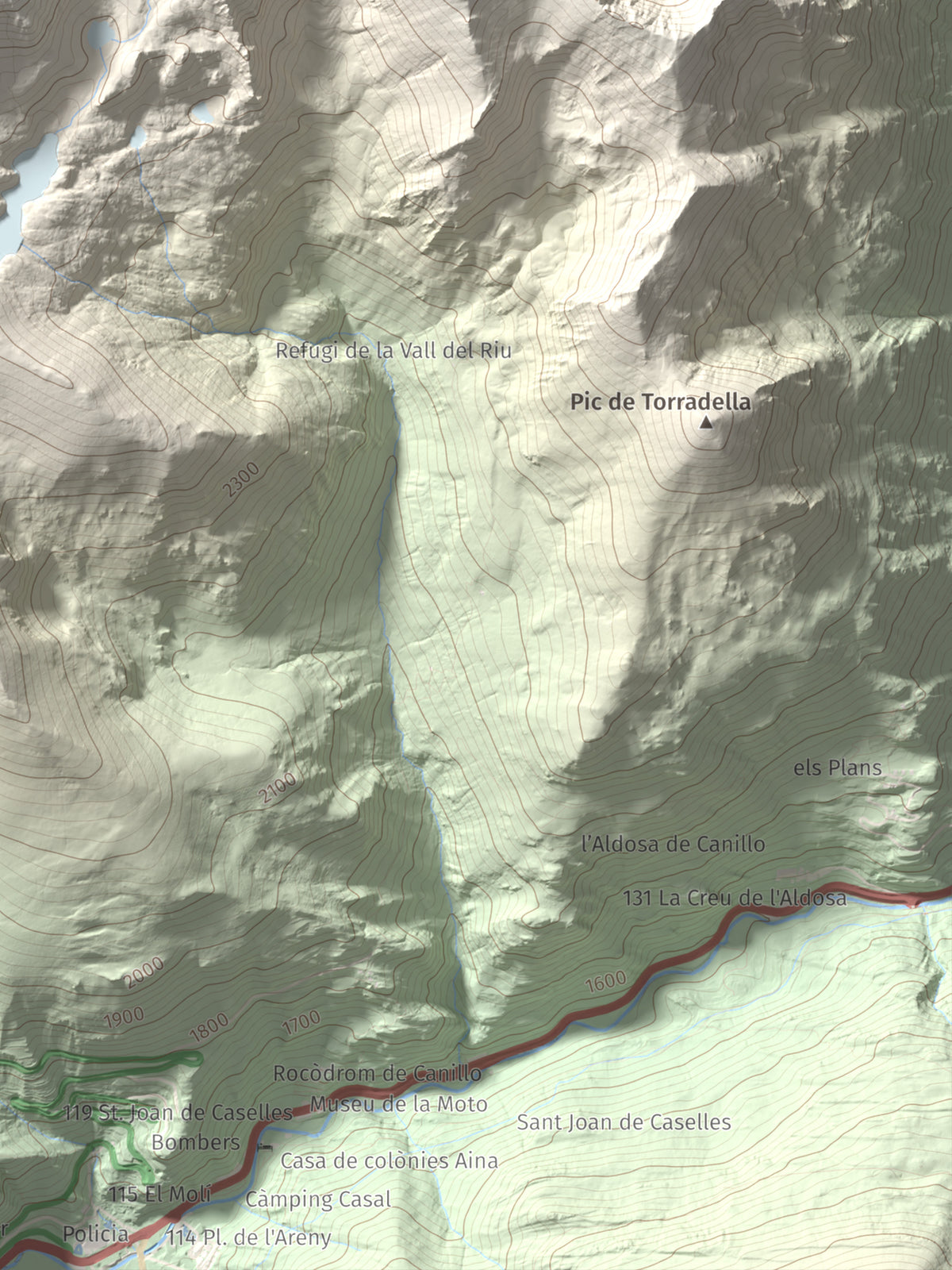Mapa de relieve de Pic de l'Estanyó, 2915 m, Andorra, lámina 100 Cims de Trobart. Detalle de la zona inferior derecha. 30 × 40 cm.
