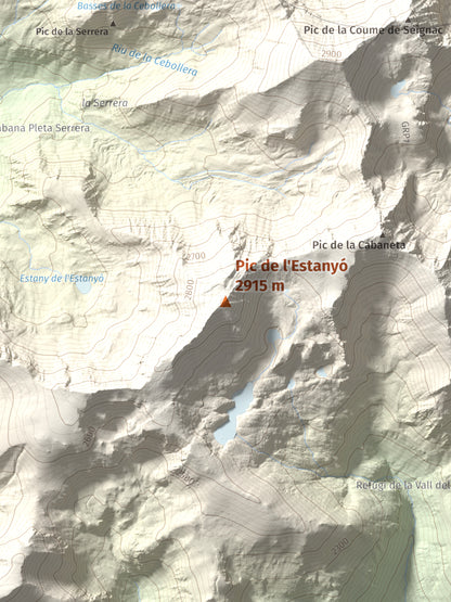 Mapa de relieve de Pic de l'Estanyó, 2915 m, Andorra, lámina 100 Cims de Trobart. Detalle de la zona central. 30 × 40 cm.