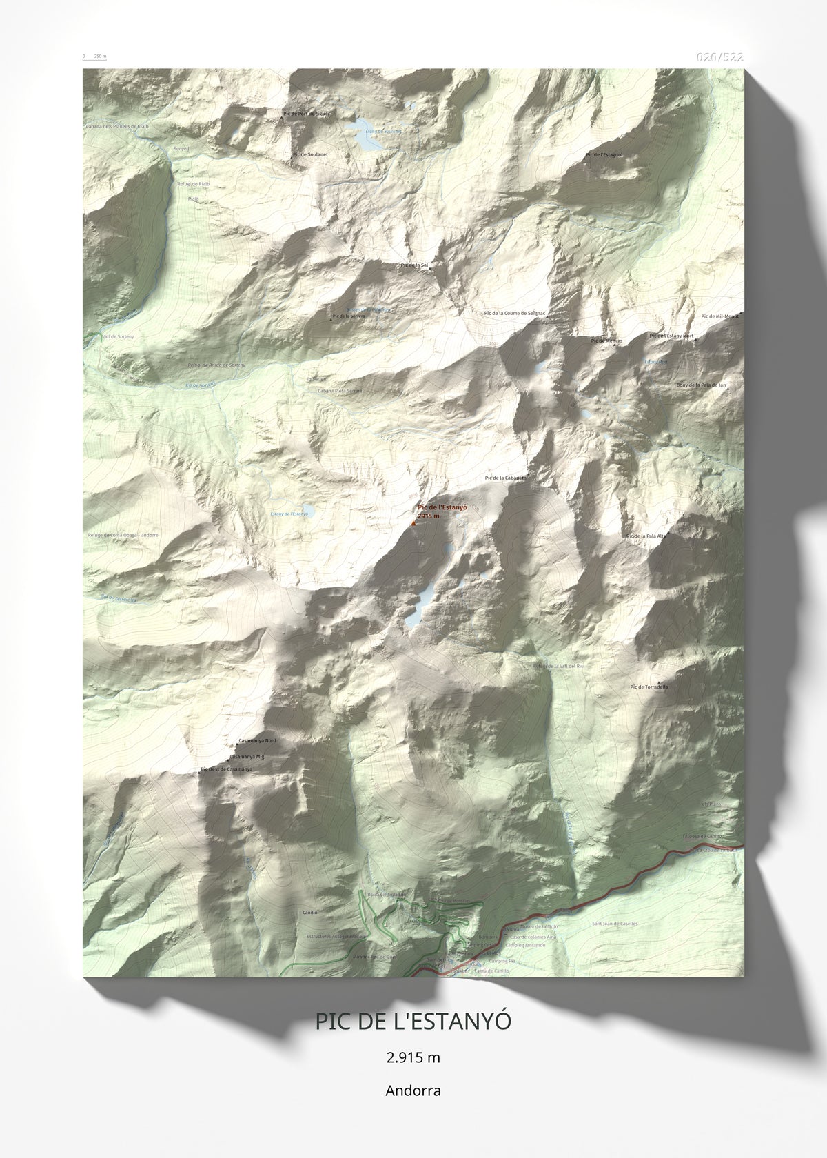 Mapa de relieve de Pic de l'Estanyó, 2915 m, Andorra, lámina 100 Cims de Trobart 50 × 70 cm.