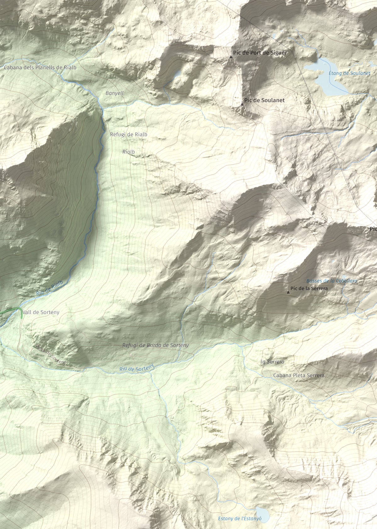 Mapa de relieve de Pic de l'Estanyó, 2915 m, Andorra, lámina 100 Cims de Trobart. Detalle de la zona superior izquierda. 50 × 70 cm.