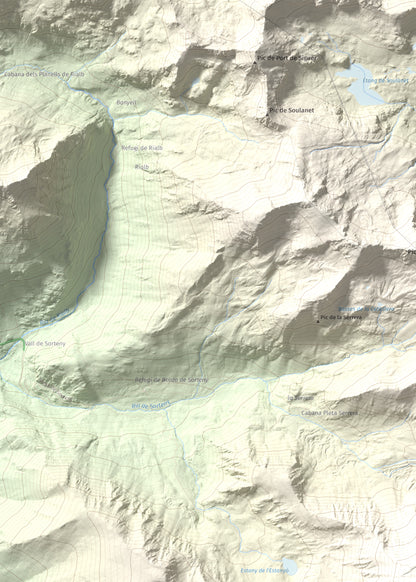 Mapa de relieve de Pic de l'Estanyó, 2915 m, Andorra, lámina 100 Cims de Trobart. Detalle de la zona superior izquierda. 50 × 70 cm.
