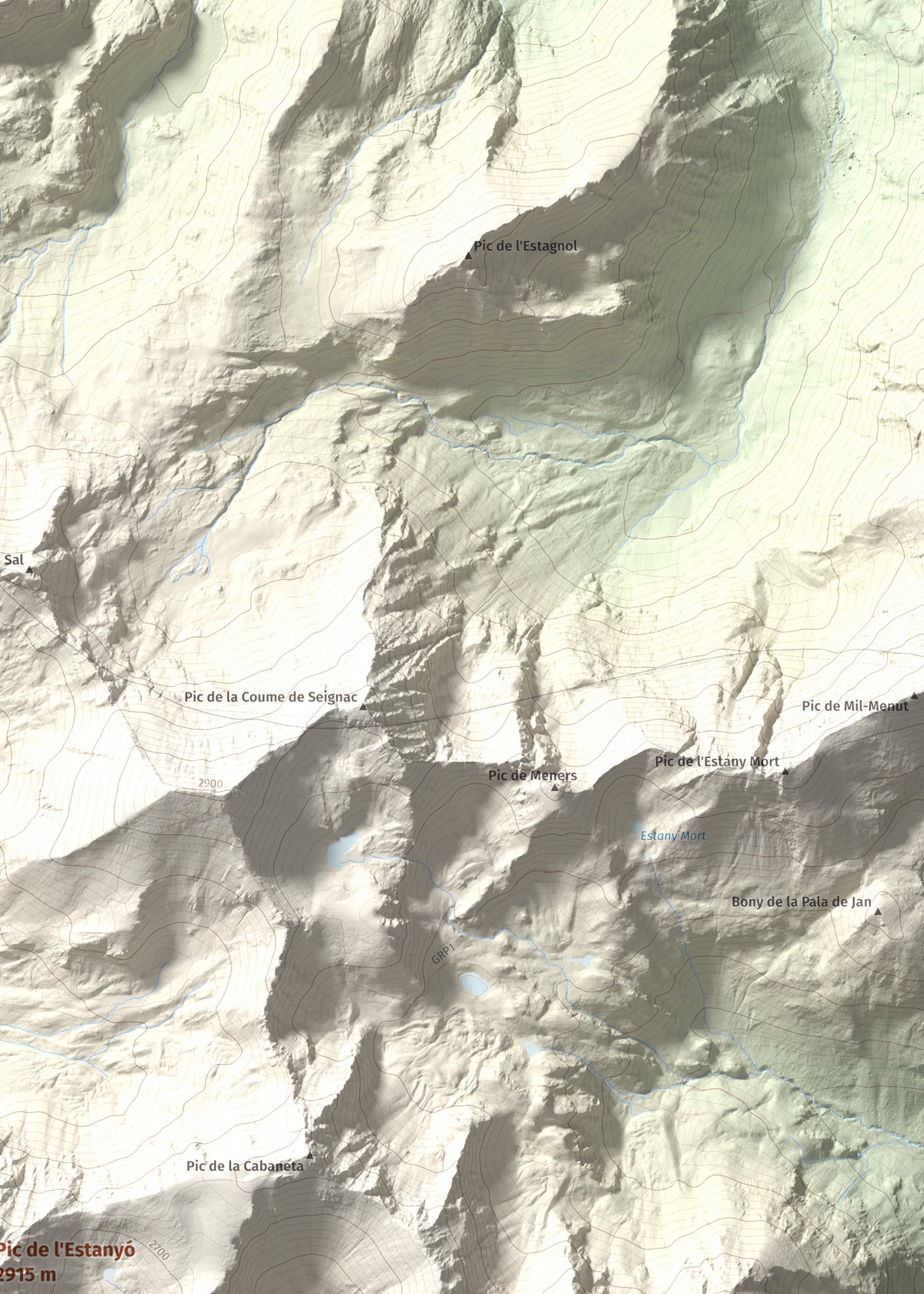 Mapa de relieve de Pic de l'Estanyó, 2915 m, Andorra, lámina 100 Cims de Trobart. Detalle de la zona superior derecha. 50 × 70 cm.