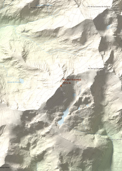 Mapa de relieve de Pic de l'Estanyó, 2915 m, Andorra, lámina 100 Cims de Trobart. Detalle de la zona central. 50 × 70 cm.