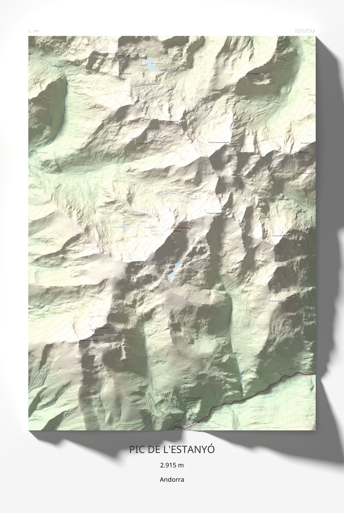 Mapa de relieve de Pic de l'Estanyó, 2915 m, Andorra, lámina 100 Cims de Trobart 61 × 91 cm.