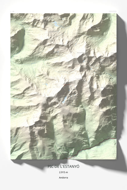 Mapa de relieve de Pic de l'Estanyó, 2915 m, Andorra, lámina 100 Cims de Trobart 61 × 91 cm.