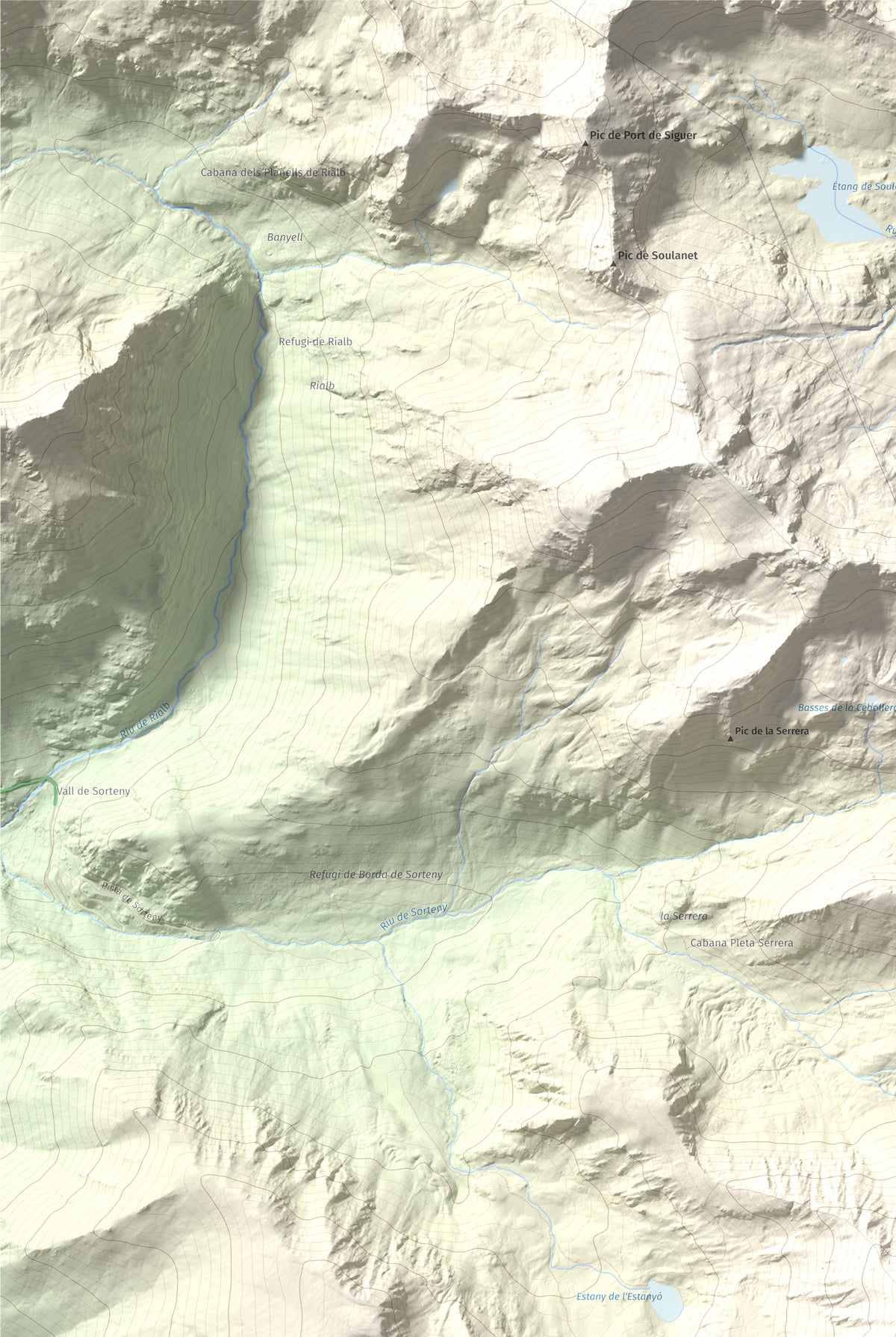 Mapa de relieve de Pic de l'Estanyó, 2915 m, Andorra, lámina 100 Cims de Trobart. Detalle de la zona superior izquierda. 61 × 91 cm.