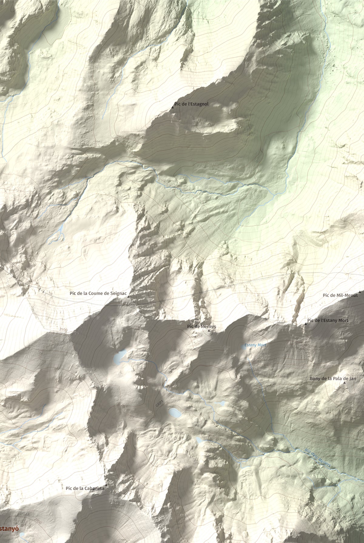 Mapa de relieve de Pic de l'Estanyó, 2915 m, Andorra, lámina 100 Cims de Trobart. Detalle de la zona superior derecha. 61 × 91 cm.