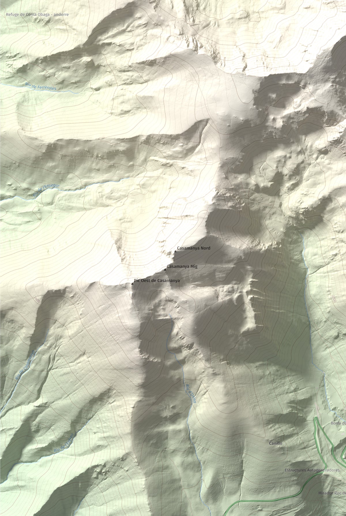 Mapa de relieve de Pic de l'Estanyó, 2915 m, Andorra, lámina 100 Cims de Trobart. Detalle de la zona inferior izquierda. 61 × 91 cm.