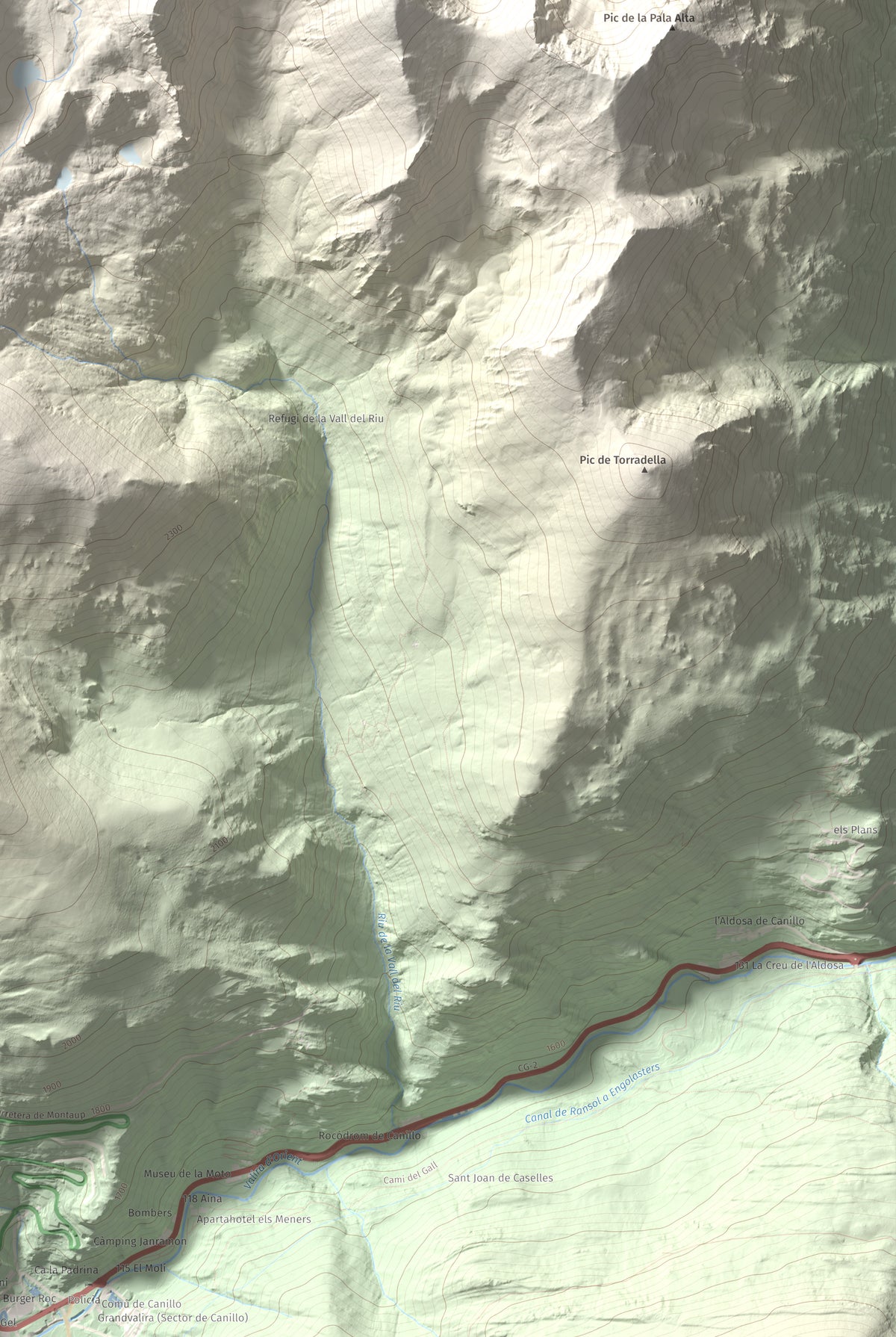 Mapa de relieve de Pic de l'Estanyó, 2915 m, Andorra, lámina 100 Cims de Trobart. Detalle de la zona inferior derecha. 61 × 91 cm.