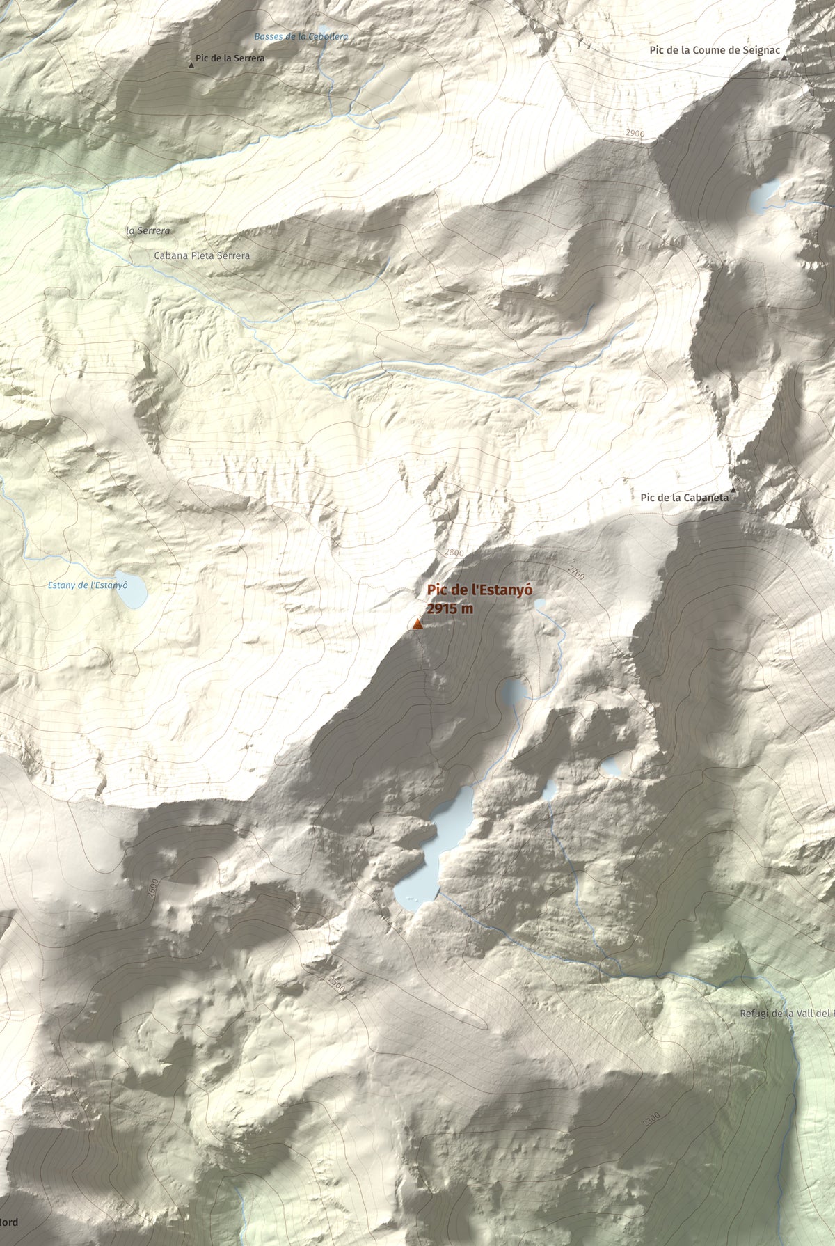 Mapa de relieve de Pic de l'Estanyó, 2915 m, Andorra, lámina 100 Cims de Trobart. Detalle de la zona central. 61 × 91 cm.