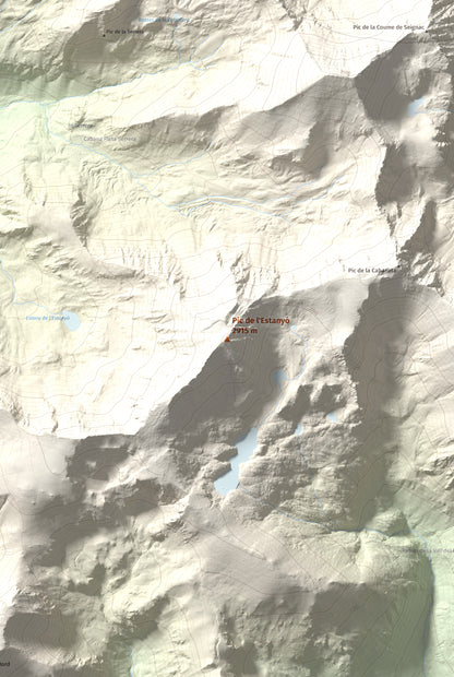 Mapa de relieve de Pic de l'Estanyó, 2915 m, Andorra, lámina 100 Cims de Trobart. Detalle de la zona central. 61 × 91 cm.
