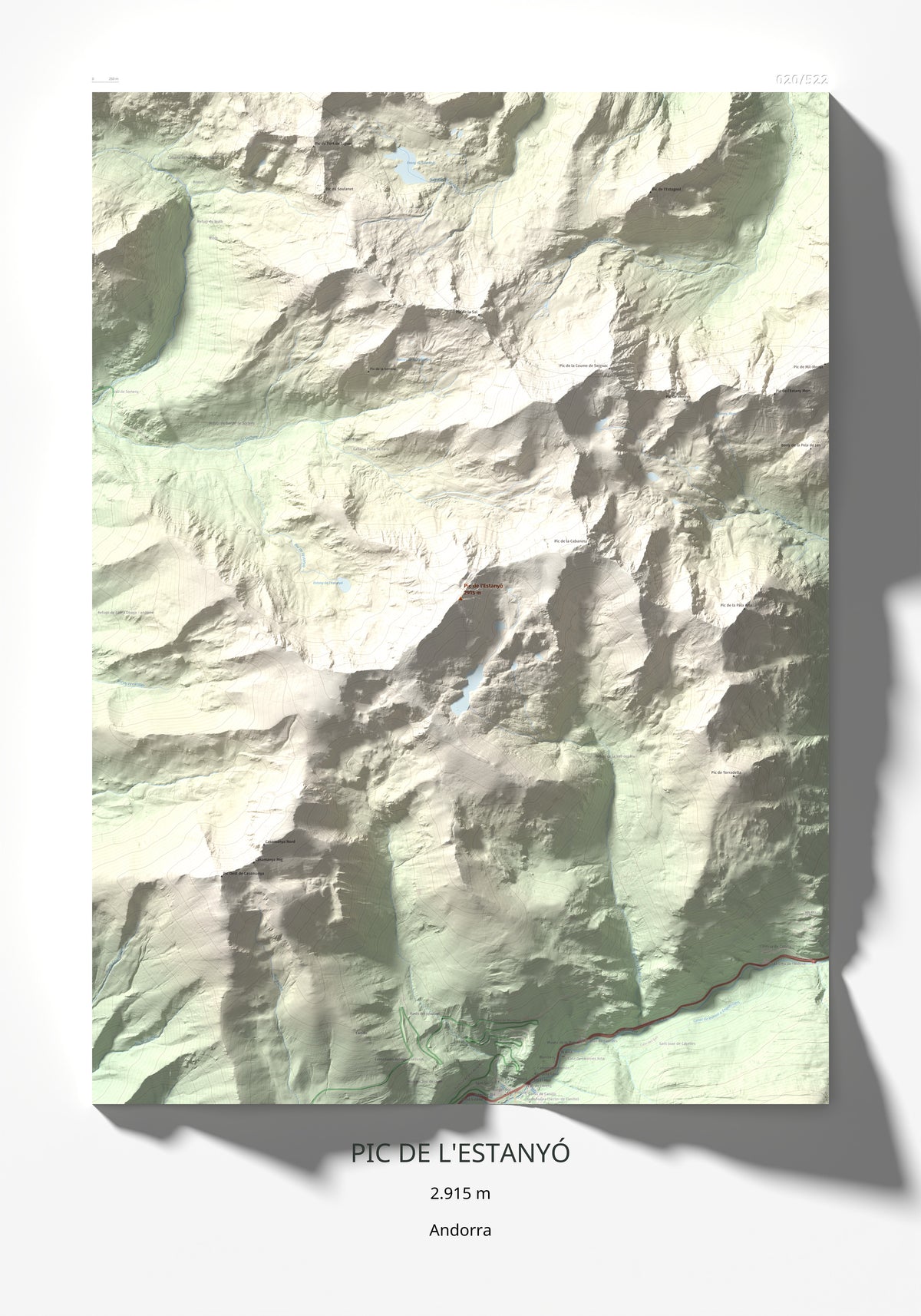 Mapa de relieve de Pic de l'Estanyó, 2915 m, Andorra, lámina 100 Cims de Trobart 70 × 100 cm.