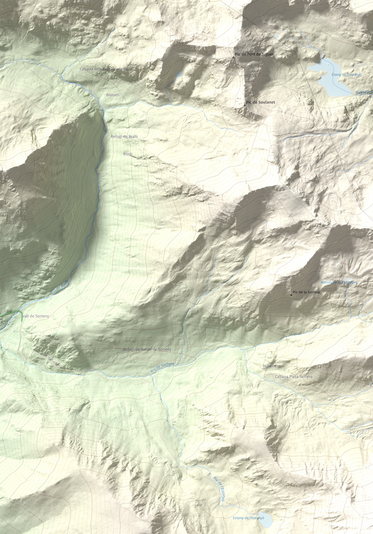 Mapa de relieve de Pic de l'Estanyó, 2915 m, Andorra, lámina 100 Cims de Trobart. Detalle de la zona superior izquierda. 70 × 100 cm.