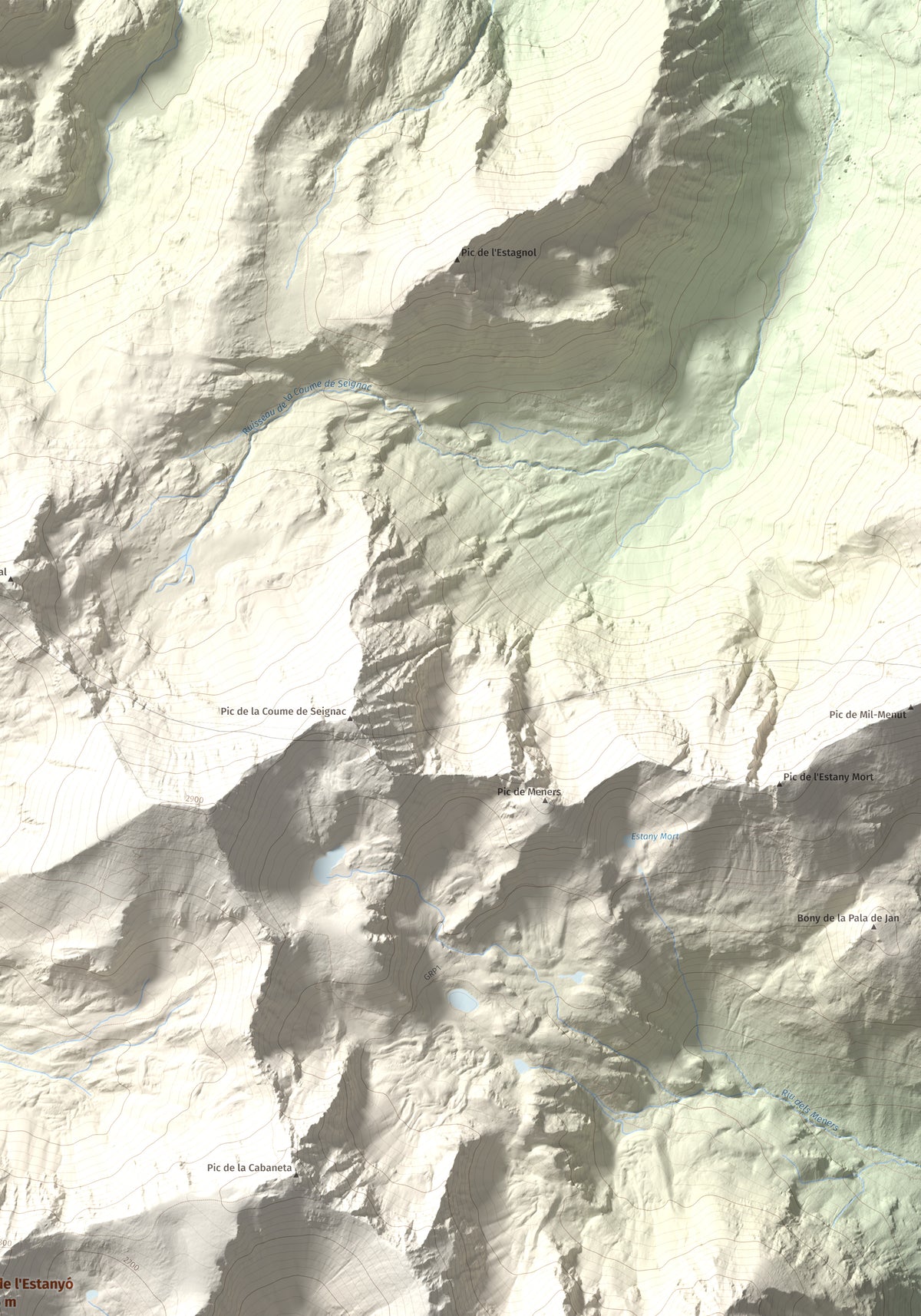 Mapa de relieve de Pic de l'Estanyó, 2915 m, Andorra, lámina 100 Cims de Trobart. Detalle de la zona superior derecha. 70 × 100 cm.