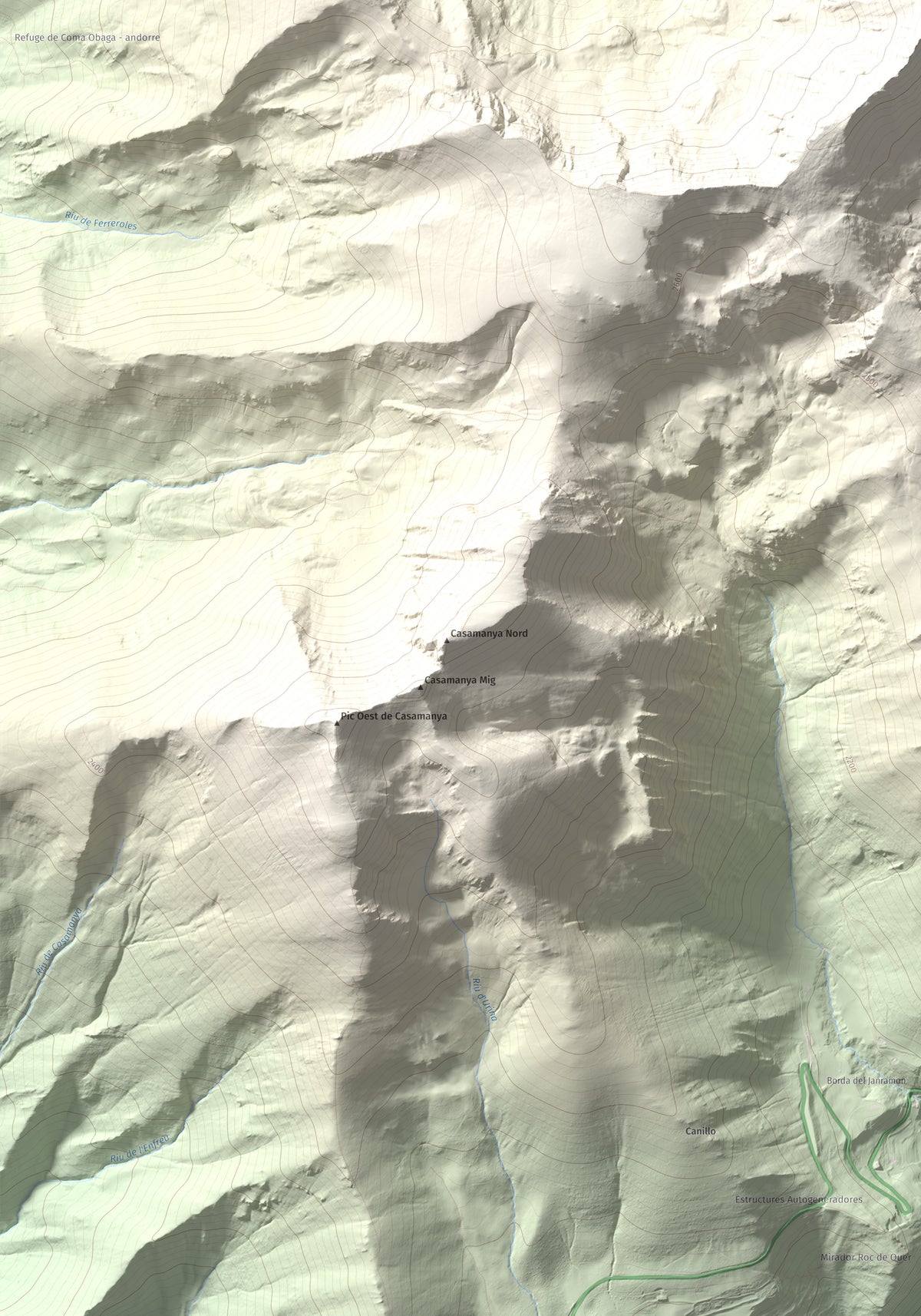 Mapa de relieve de Pic de l'Estanyó, 2915 m, Andorra, lámina 100 Cims de Trobart. Detalle de la zona inferior izquierda. 70 × 100 cm.
