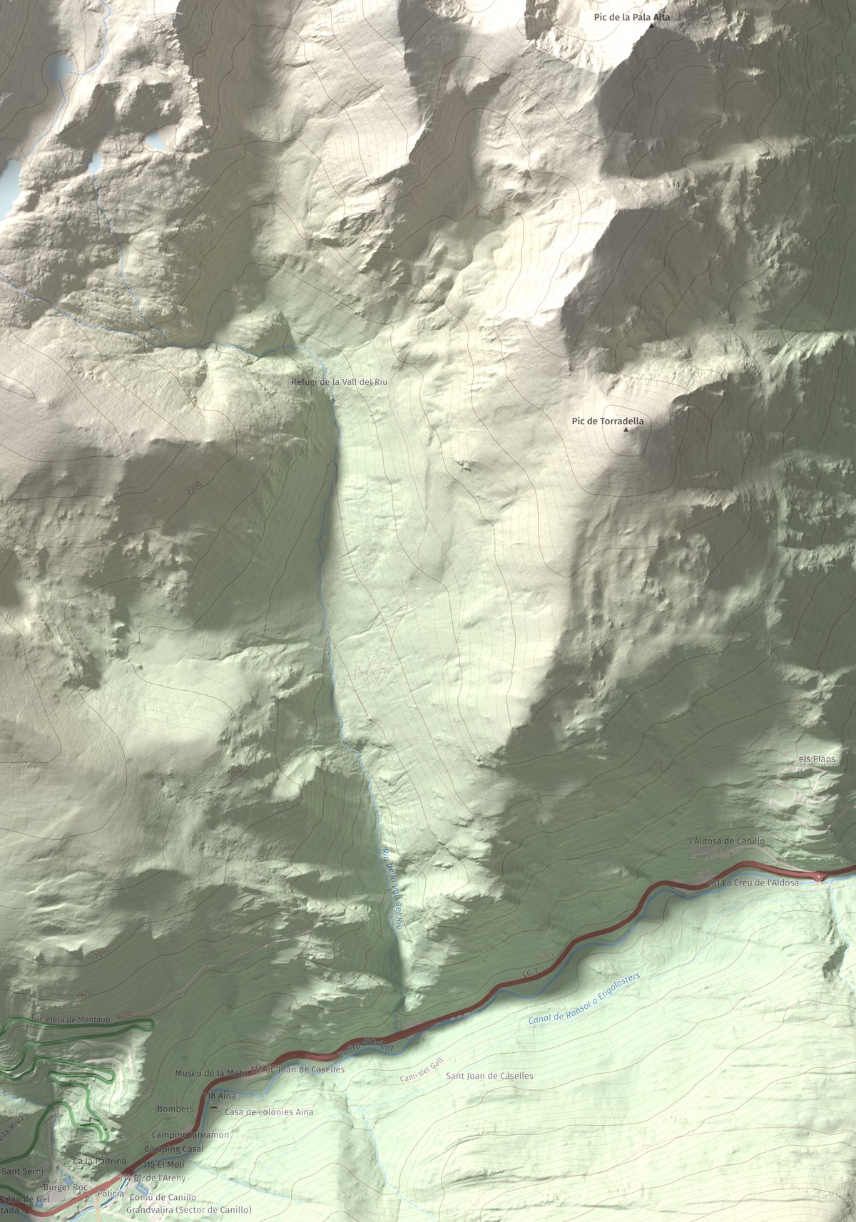 Mapa de relieve de Pic de l'Estanyó, 2915 m, Andorra, lámina 100 Cims de Trobart. Detalle de la zona inferior derecha. 70 × 100 cm.