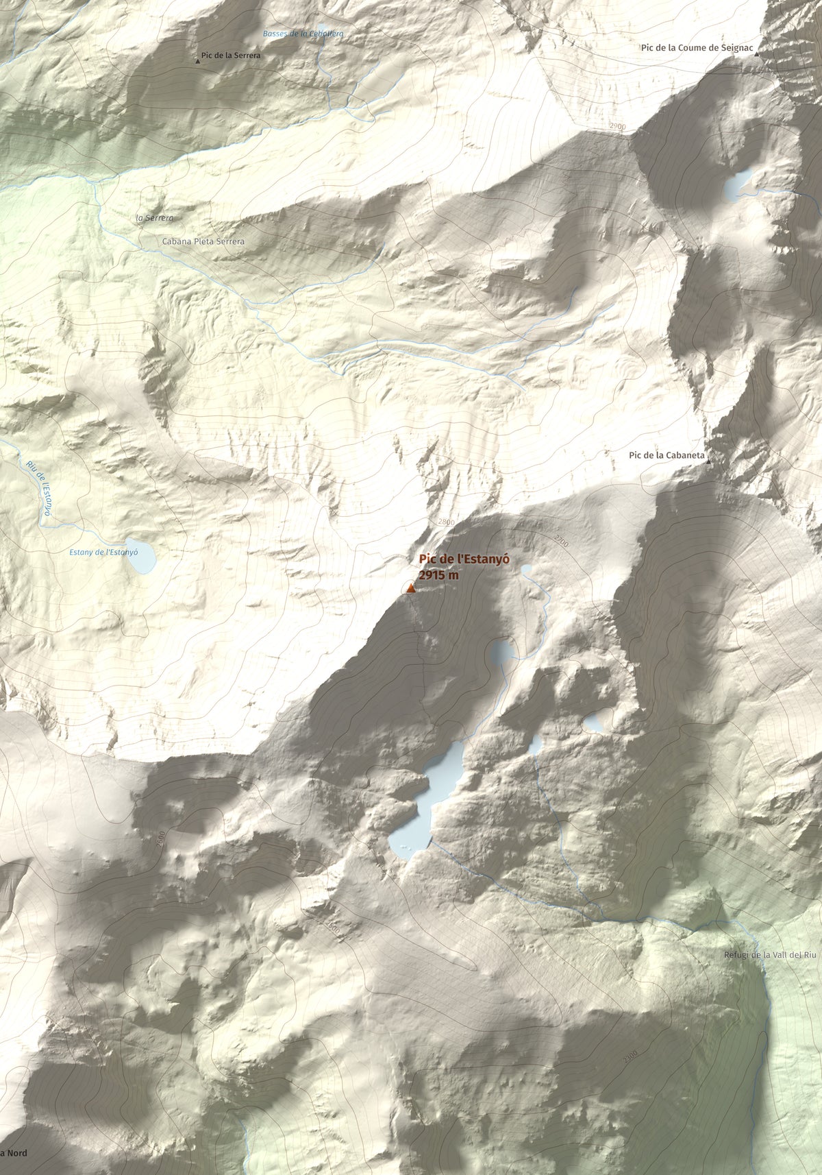 Mapa de relieve de Pic de l'Estanyó, 2915 m, Andorra, lámina 100 Cims de Trobart. Detalle de la zona central. 70 × 100 cm.