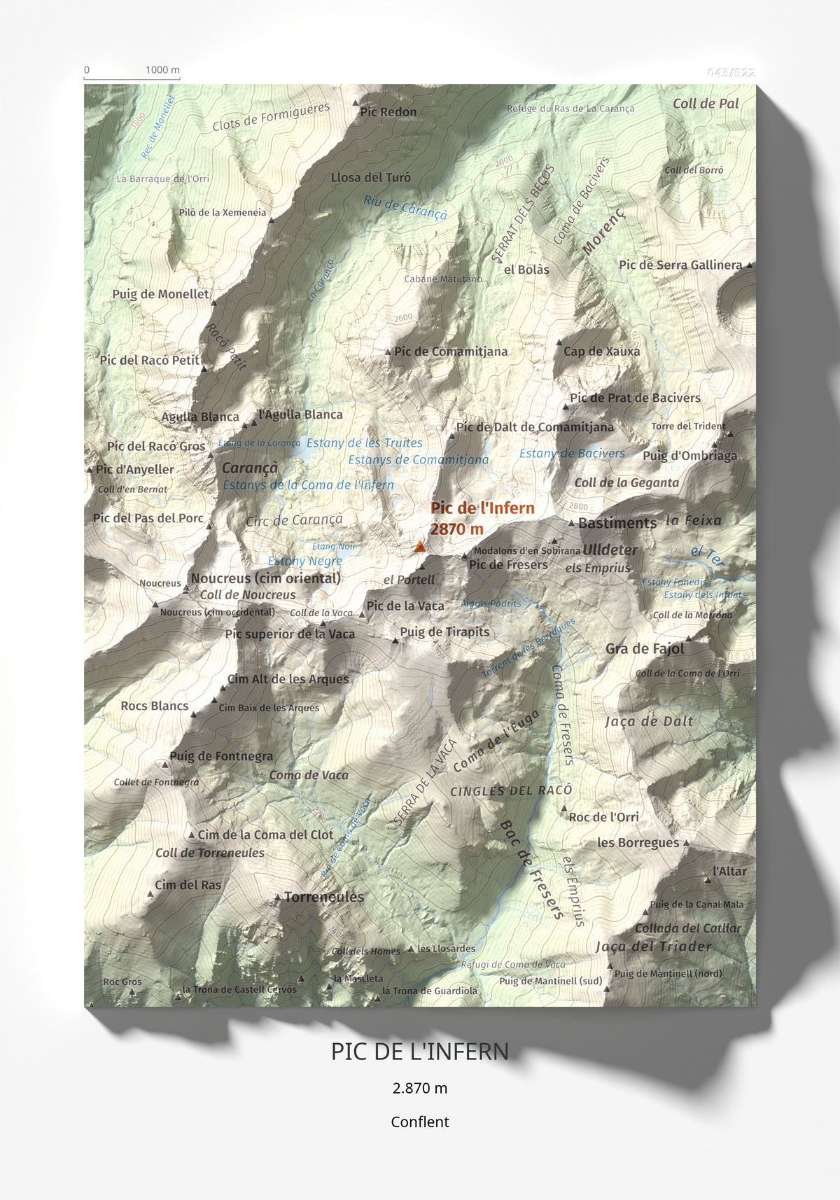 Mapa de relieve de Pic de l'Infern, 2870 m, Conflent, lámina 100 Cims de Trobart 21 × 30 cm.