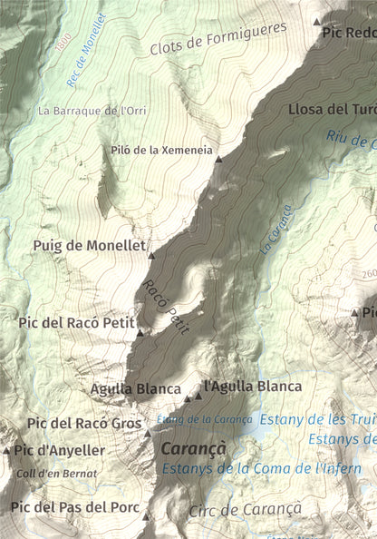 Mapa de relieve de Pic de l'Infern, 2870 m, Conflent, lámina 100 Cims de Trobart. Detalle de la zona superior izquierda. 21 × 30 cm.