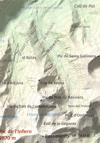 Mapa de relieve de Pic de l'Infern, 2870 m, Conflent, lámina 100 Cims de Trobart. Detalle de la zona superior derecha. 21 × 30 cm.