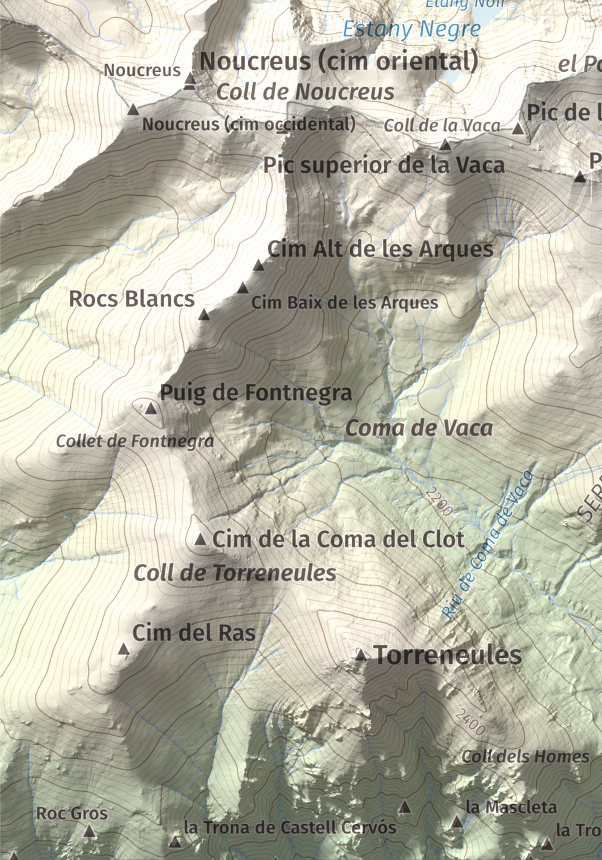 Mapa de relieve de Pic de l'Infern, 2870 m, Conflent, lámina 100 Cims de Trobart. Detalle de la zona inferior izquierda. 21 × 30 cm.
