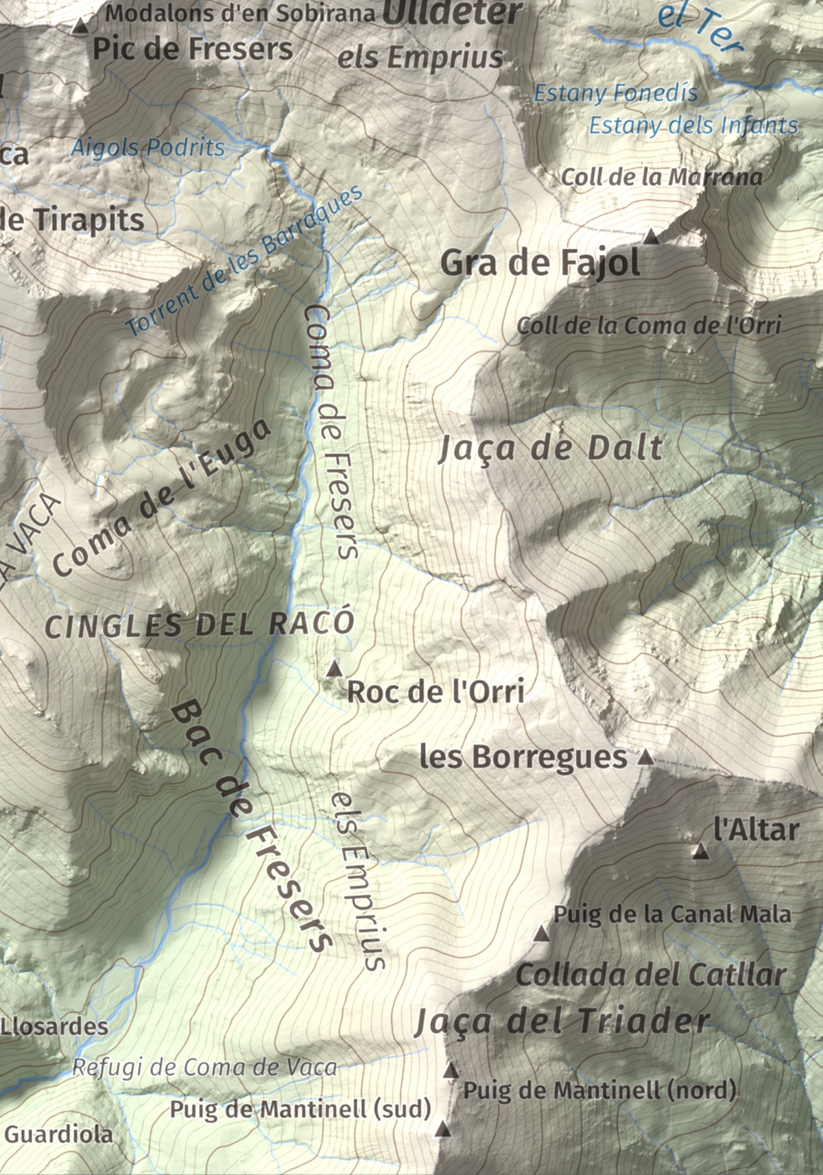 Mapa de relieve de Pic de l'Infern, 2870 m, Conflent, lámina 100 Cims de Trobart. Detalle de la zona inferior derecha. 21 × 30 cm.