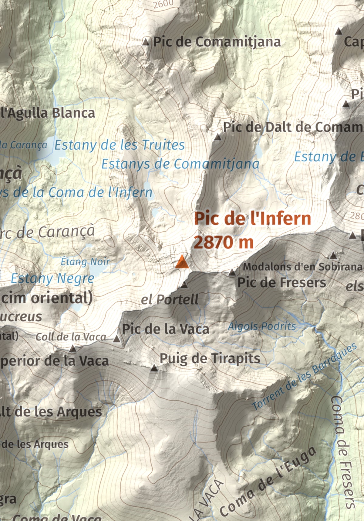 Mapa de relieve de Pic de l'Infern, 2870 m, Conflent, lámina 100 Cims de Trobart. Detalle de la zona central. 21 × 30 cm.