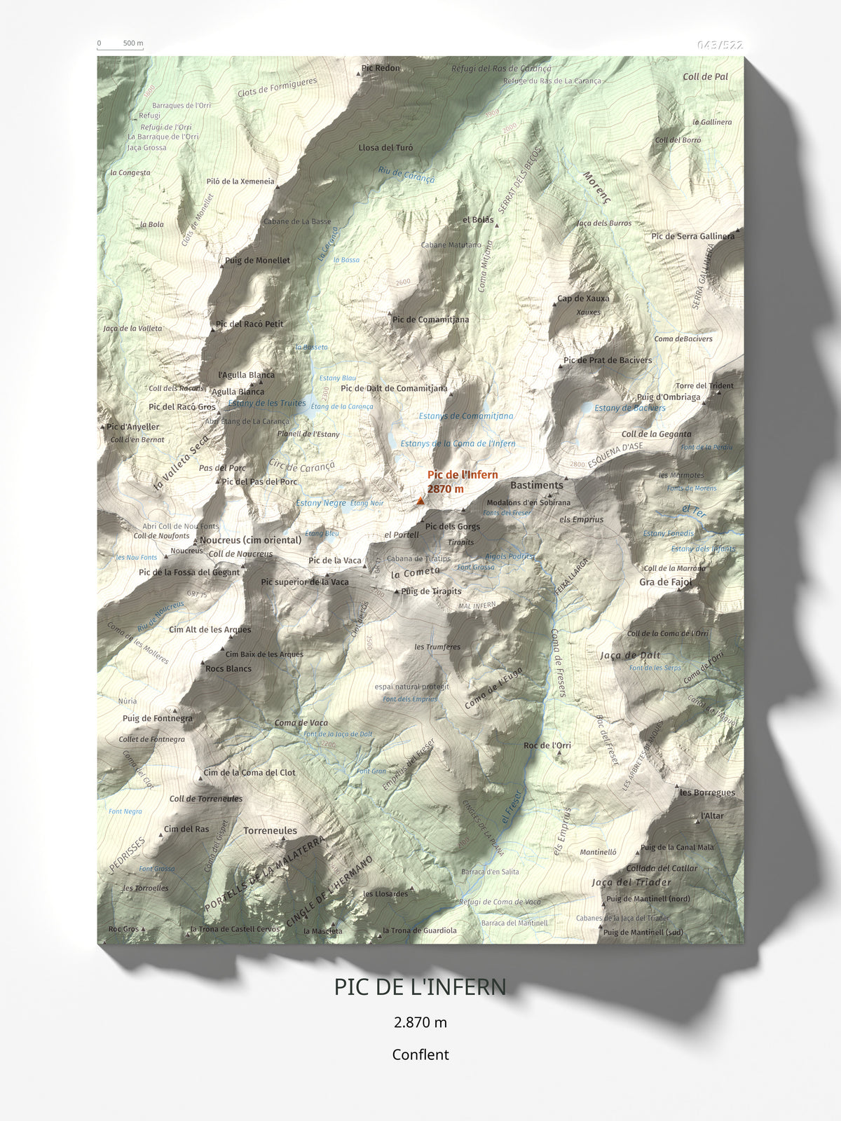 Mapa de relieve de Pic de l'Infern, 2870 m, Conflent, lámina 100 Cims de Trobart 30 × 40 cm.