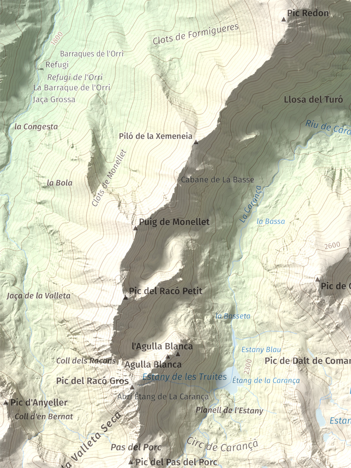 Mapa de relieve de Pic de l'Infern, 2870 m, Conflent, lámina 100 Cims de Trobart. Detalle de la zona superior izquierda. 30 × 40 cm.