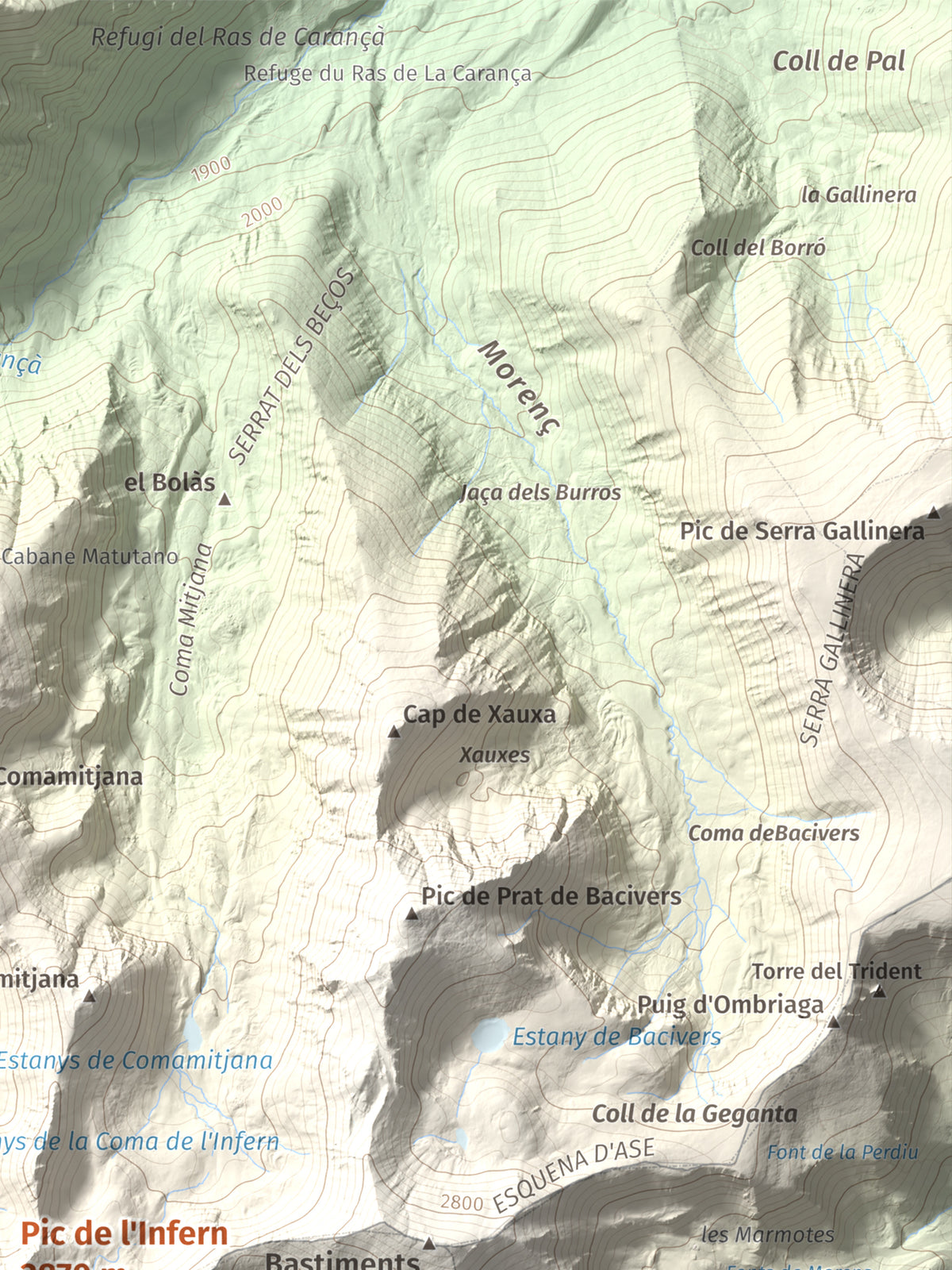 Mapa de relieve de Pic de l'Infern, 2870 m, Conflent, lámina 100 Cims de Trobart. Detalle de la zona superior derecha. 30 × 40 cm.