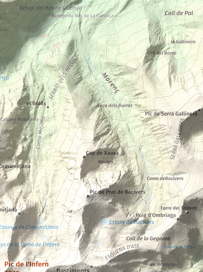 Mapa de relieve de Pic de l'Infern, 2870 m, Conflent, lámina 100 Cims de Trobart. Detalle de la zona superior derecha. 30 × 40 cm.