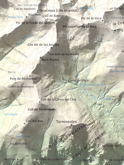 Mapa de relieve de Pic de l'Infern, 2870 m, Conflent, lámina 100 Cims de Trobart. Detalle de la zona inferior izquierda. 30 × 40 cm.