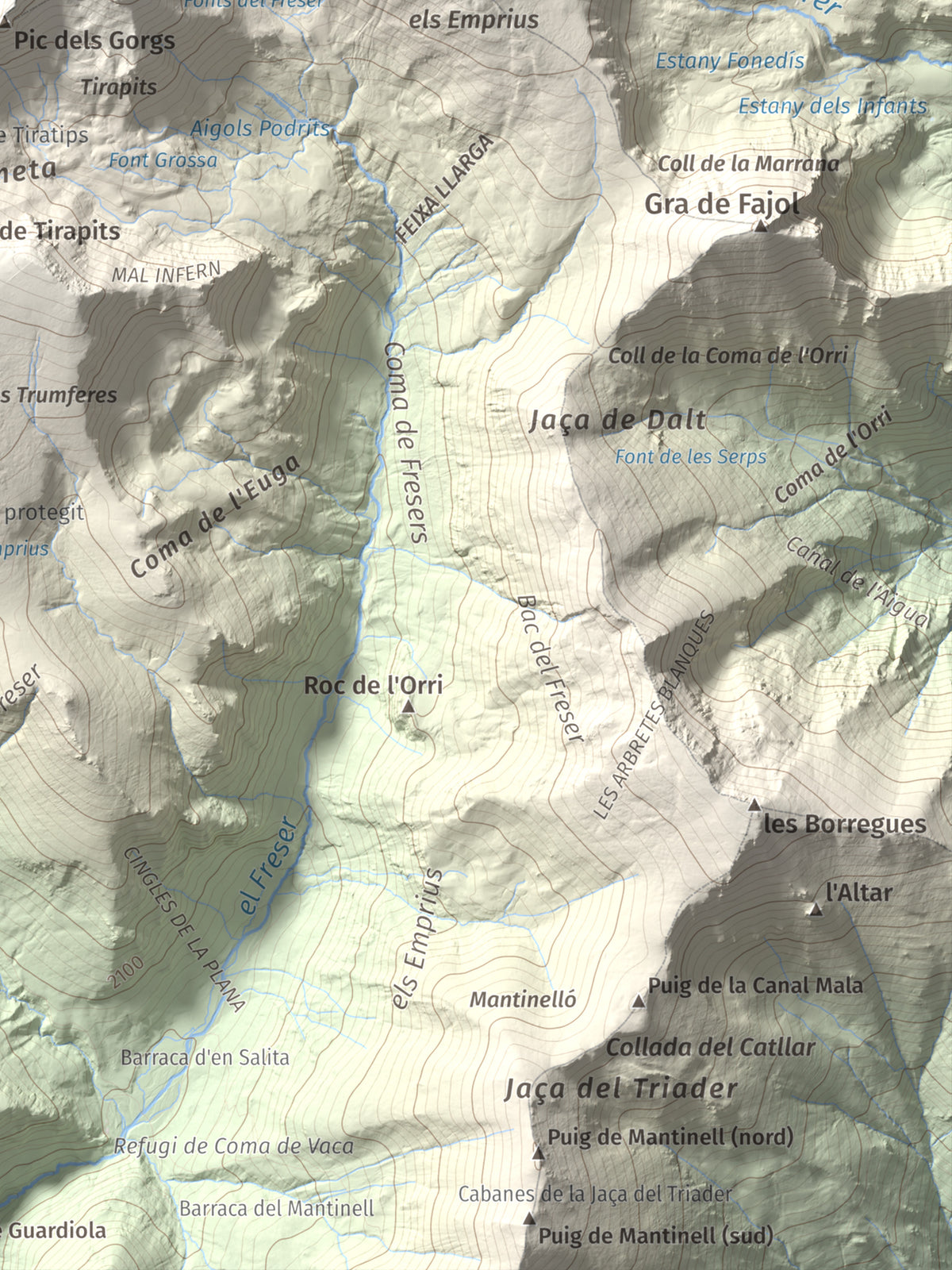 Mapa de relieve de Pic de l'Infern, 2870 m, Conflent, lámina 100 Cims de Trobart. Detalle de la zona inferior derecha. 30 × 40 cm.