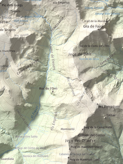 Mapa de relieve de Pic de l'Infern, 2870 m, Conflent, lámina 100 Cims de Trobart. Detalle de la zona inferior derecha. 30 × 40 cm.