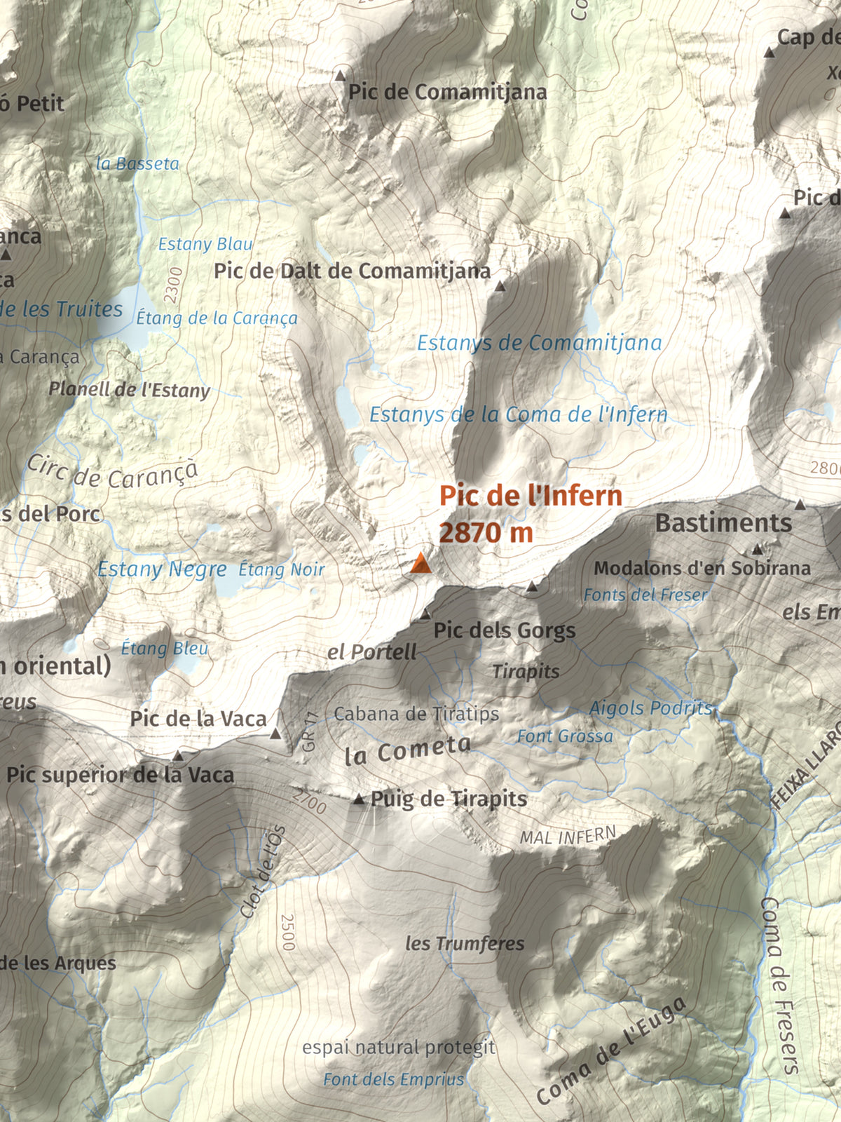 Mapa de relieve de Pic de l'Infern, 2870 m, Conflent, lámina 100 Cims de Trobart. Detalle de la zona central. 30 × 40 cm.